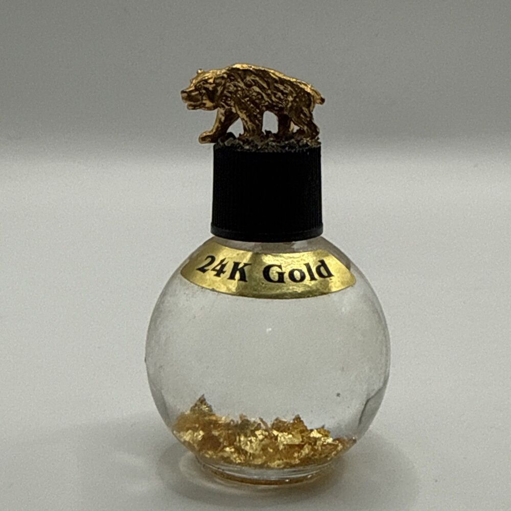 24 KARAT GOLD FLAKES Floating in Oil-California Glass Bottle Bear Top Souvenir